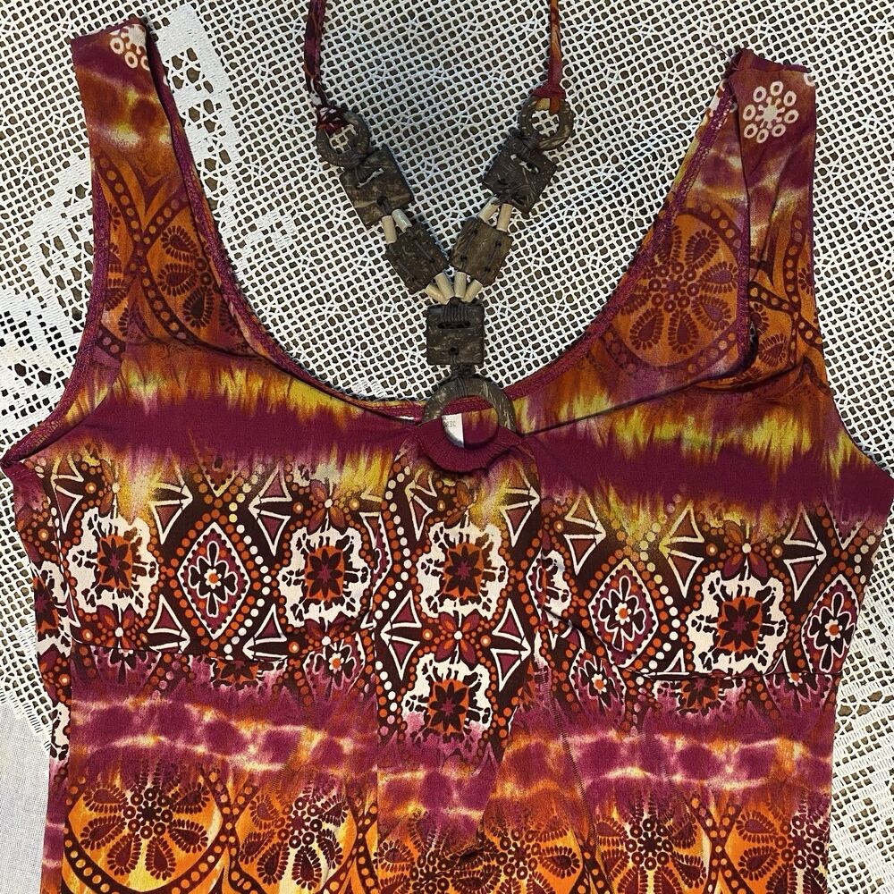 Heart Soul Sleeveless Blouse Womens M Beaded Necklace Tie Dye Bubble Hem Y2K - Picture 2 of 8